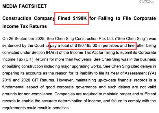 新加坡公司不按时报税,拖出百万罚款!